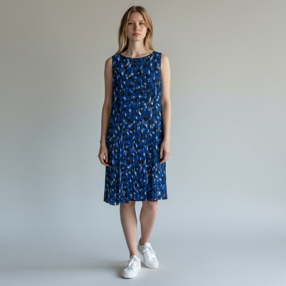 Ann Taylor Silk Sleeveless Dress 12P Petite Blue Geometric Little Shift Sheath